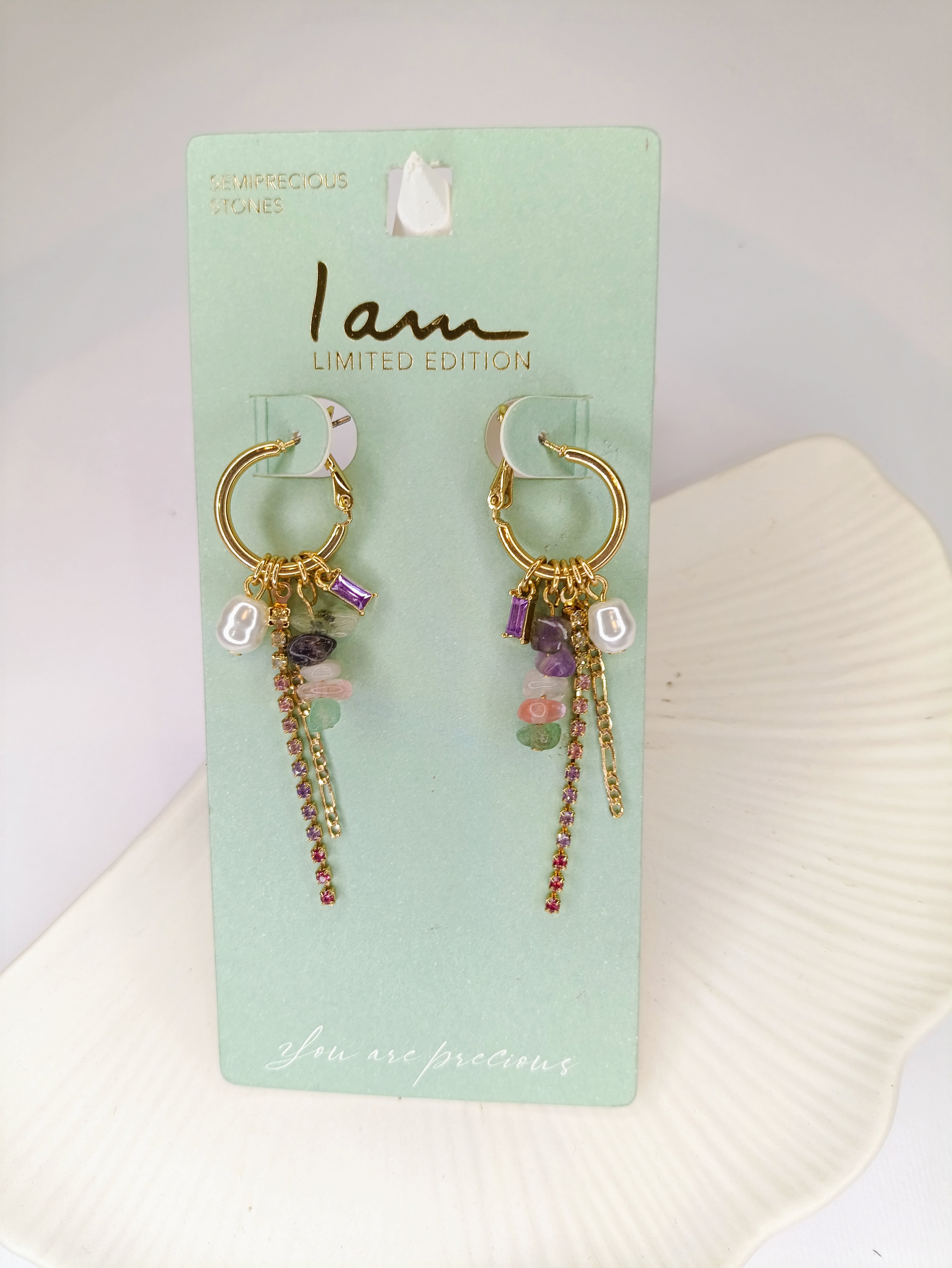 گوشواره حلقه ای طلایی با آویز سنگ های قیمتی i am